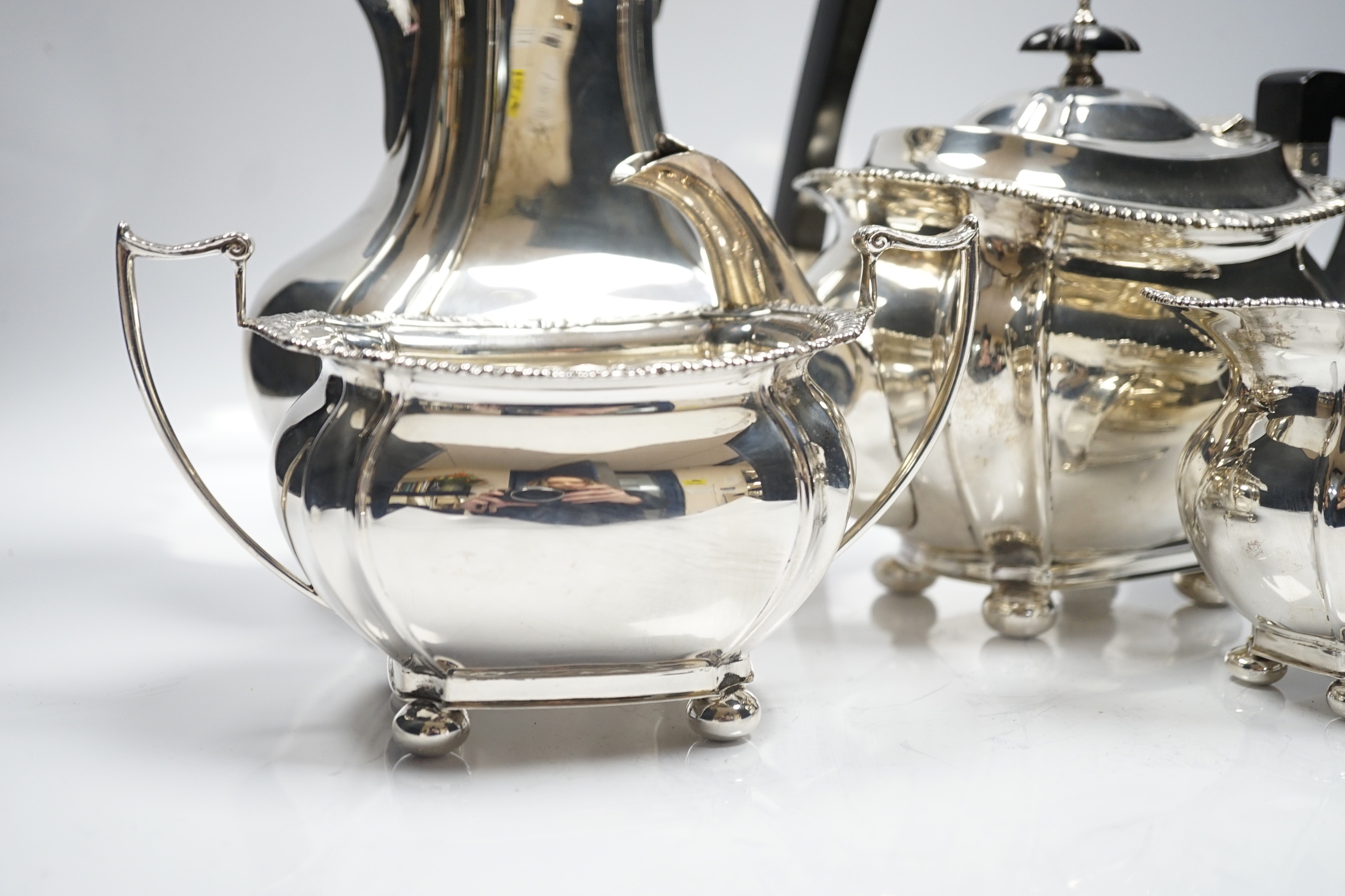 A George V silver four piece tea and coffee service, John Round, Sheffield, 1934/36, gross 63.7oz.